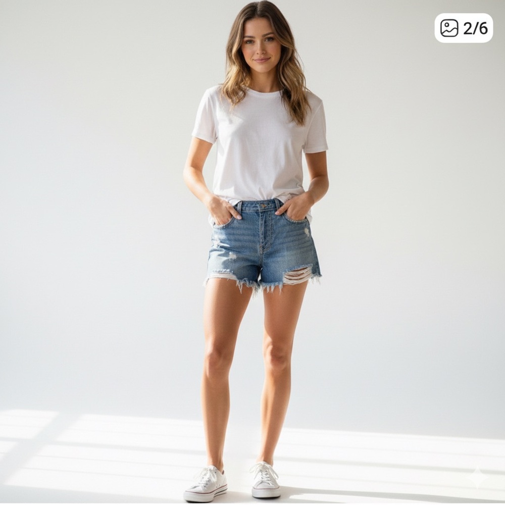 We The Free Distressed 5 Button‎ Up Denim Shorts Frayed Daisy Dukes Medium Wash